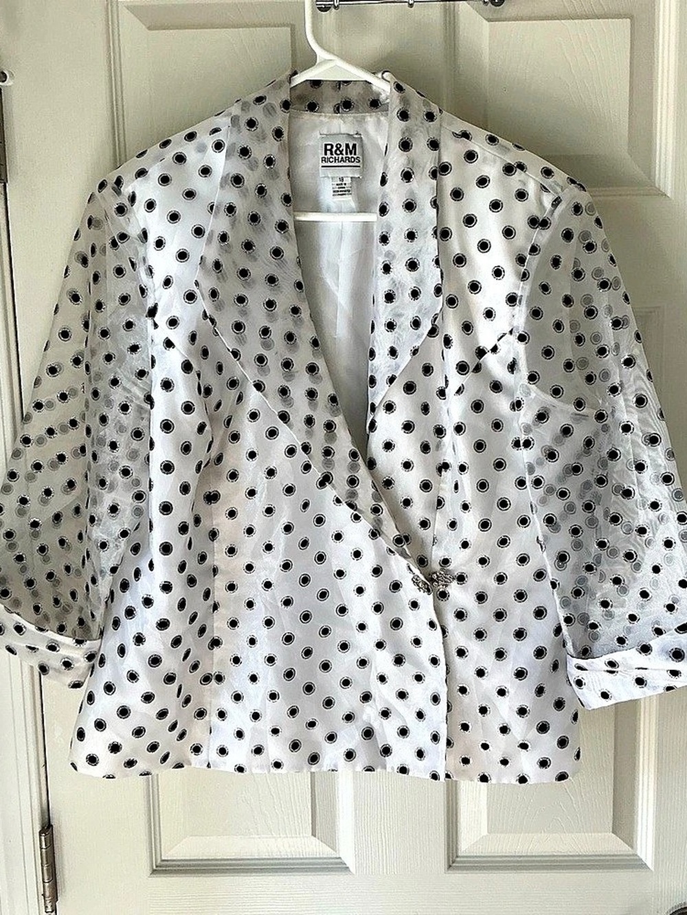 R&M Richards Polka Dot Cropped Blazer in White & Black Glitter Size 18 Like New